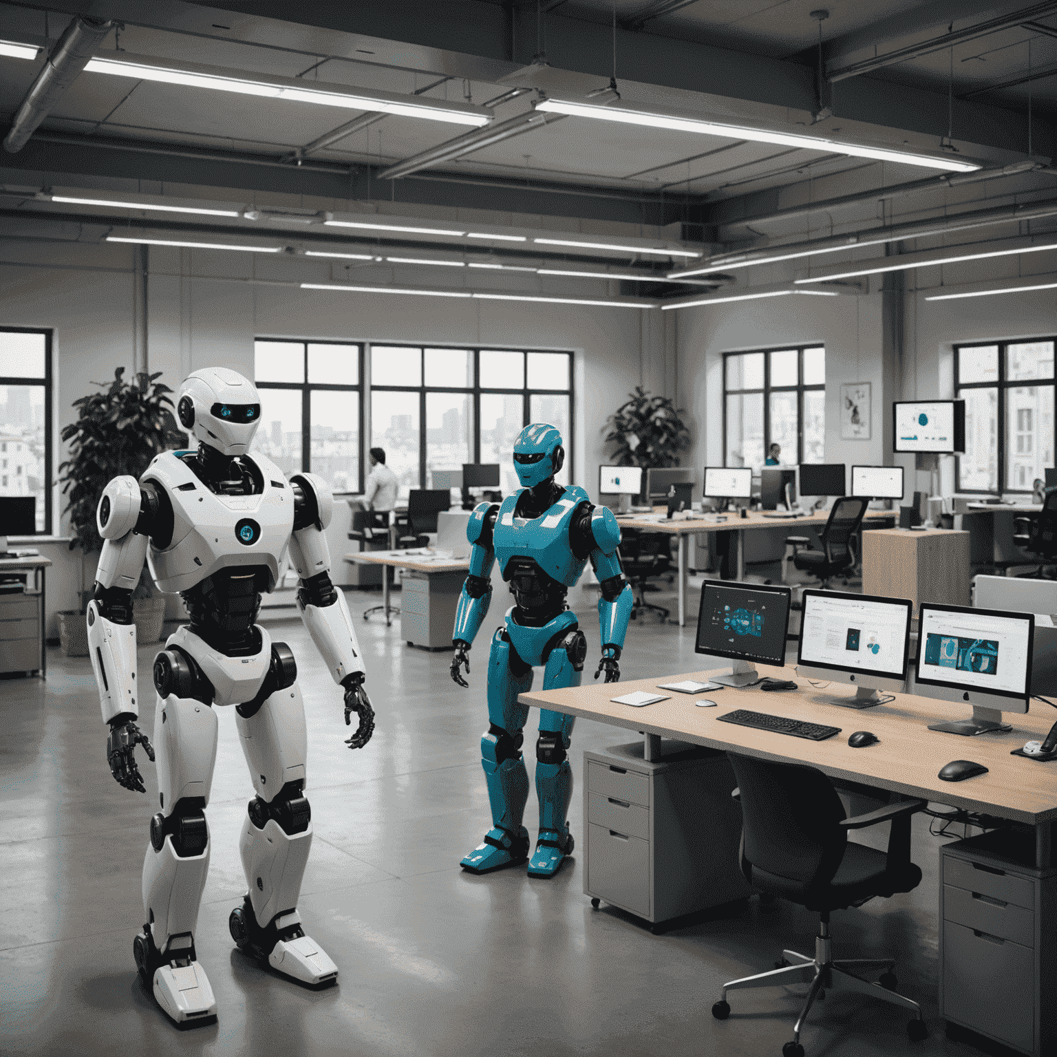 A modern Italian office with AI-powered devices and robots assisting workers