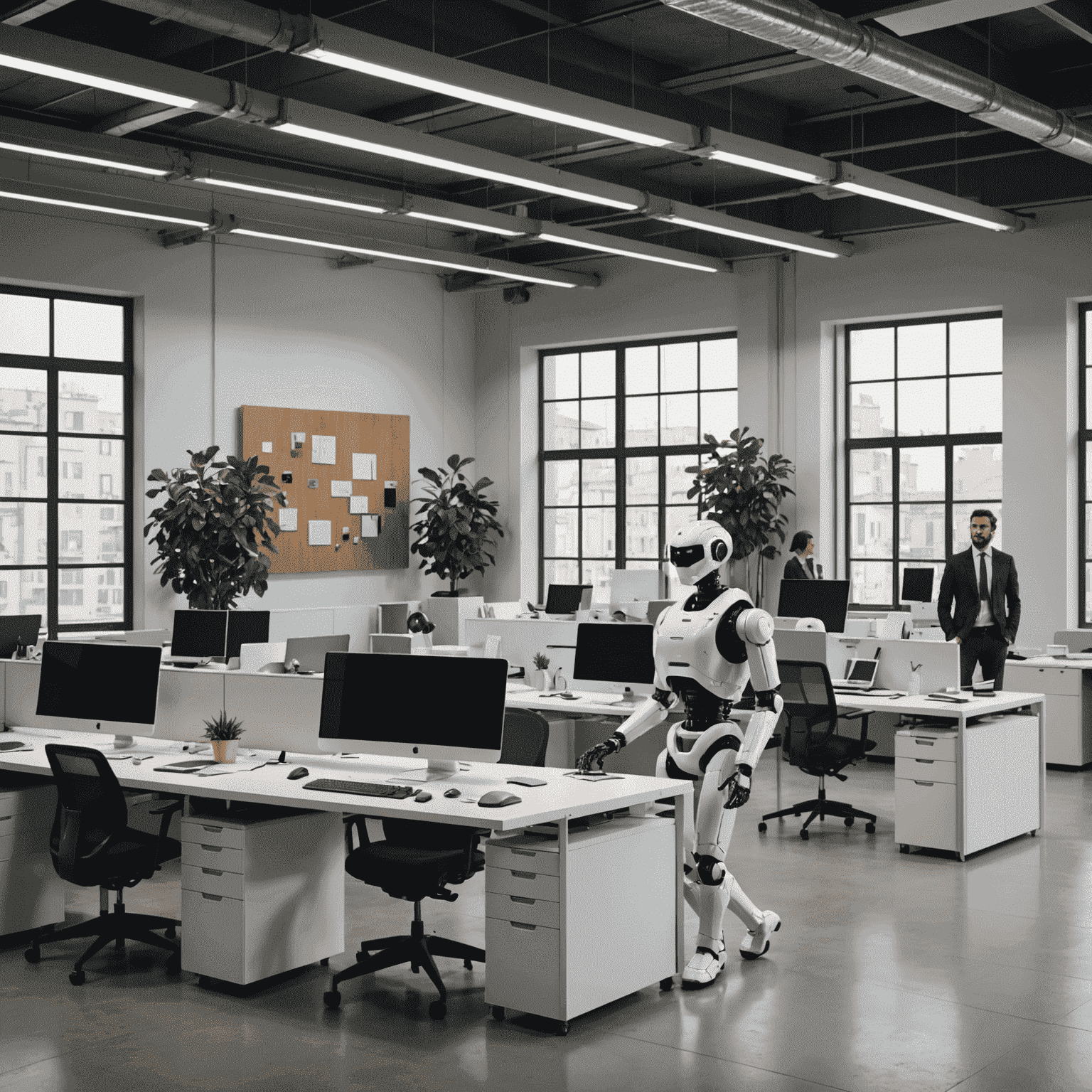 A modern Italian office space with AI-powered devices and robots assisting human workers, showcasing the integration of artificial intelligence in the workplace