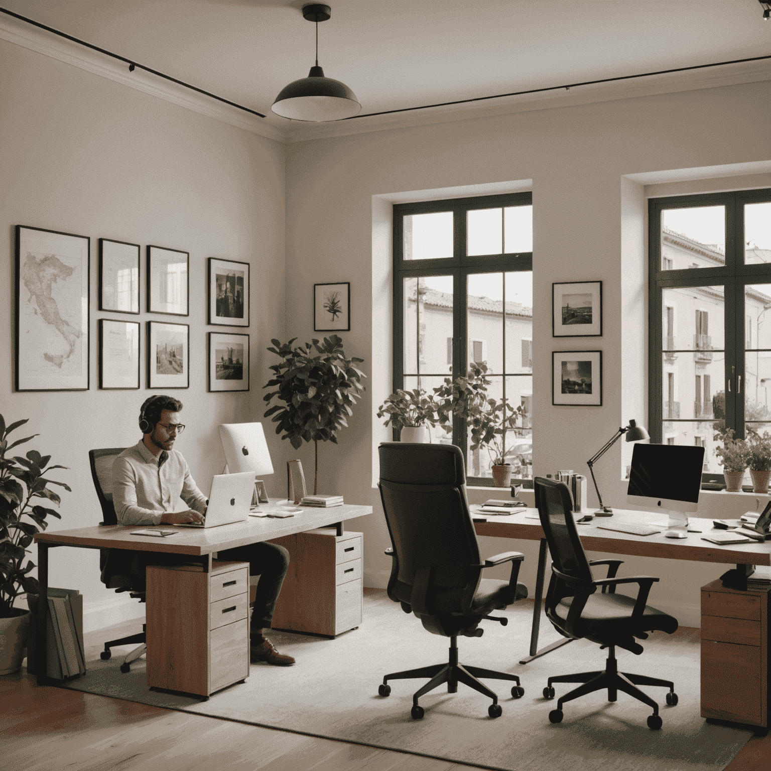 A split image showing a traditional Italian office on one side and a modern home office setup with AI assistants on the other, representing the shift in work culture