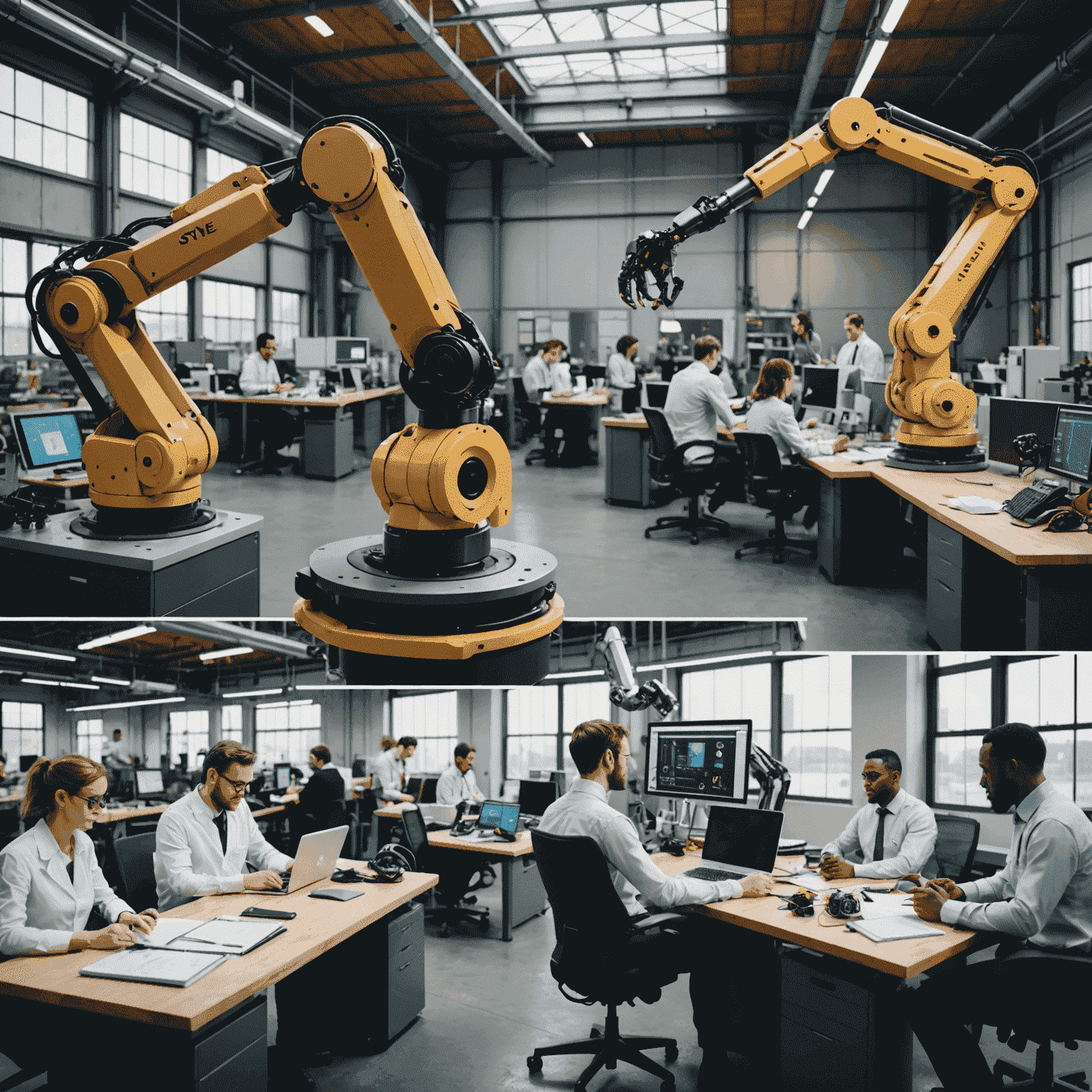 A split image showing a robotic arm working in a factory on one side, and a group of diverse professionals collaborating in a modern office on the other, symbolizing the transition from traditional jobs to AI-enhanced roles