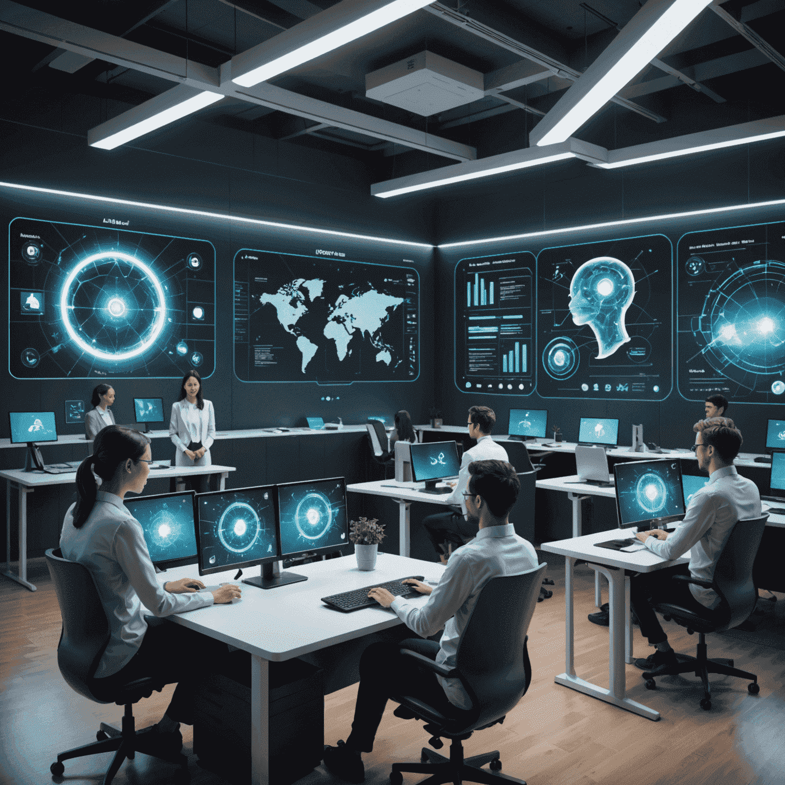 A futuristic classroom with holographic displays showing various AI skills and job market trends