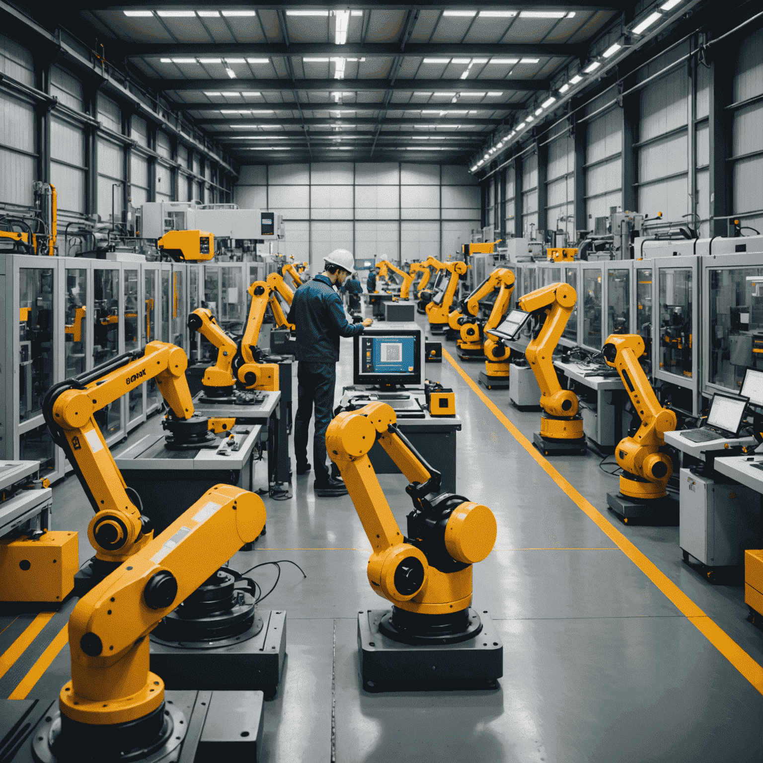 A modern Italian factory floor with workers operating alongside AI-powered machines, showcasing successful human-AI collaboration