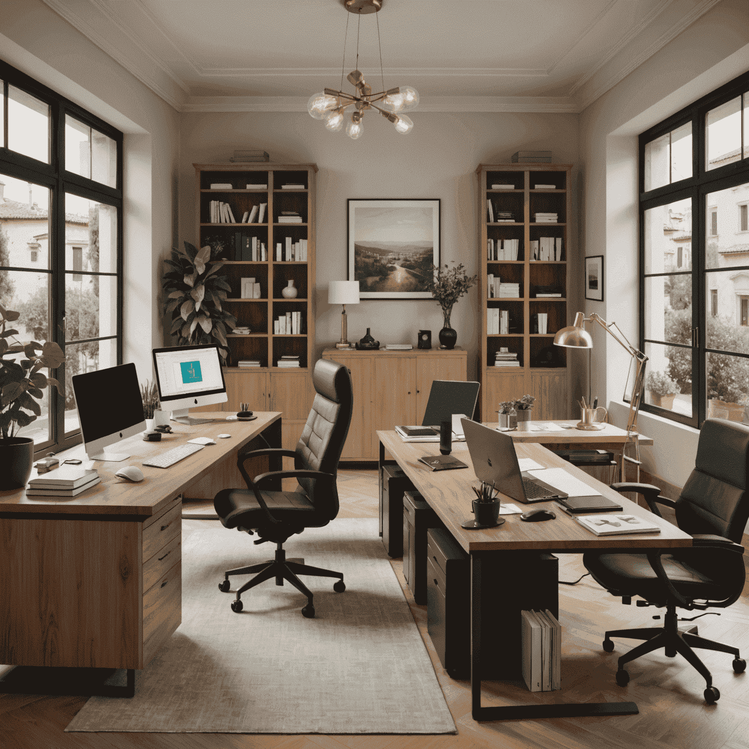 A split image showing a traditional Italian office on one side and a modern home office with AI assistants on the other