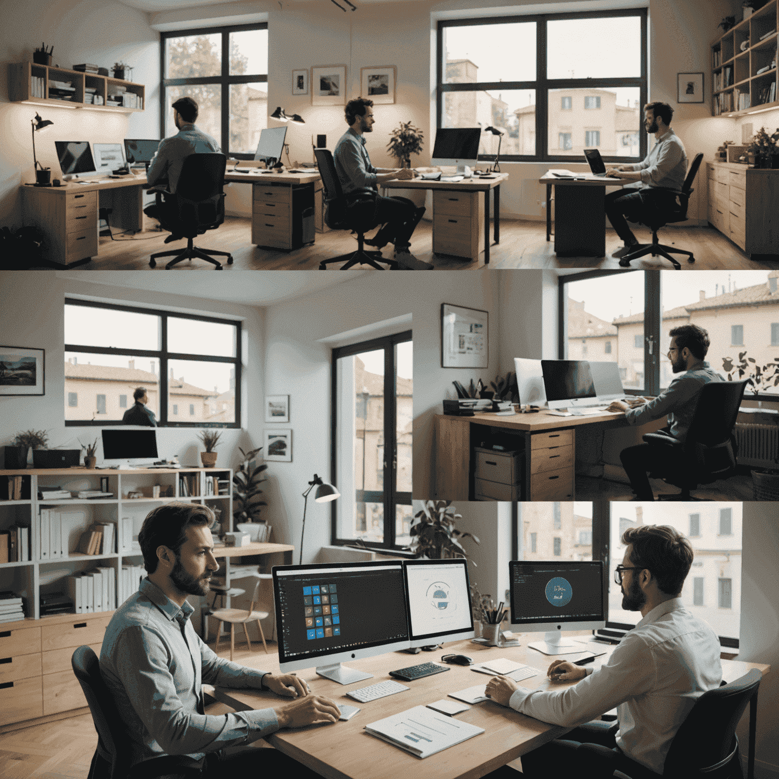 Split screen showing an Italian worker at home using AI tools, and an empty traditional office