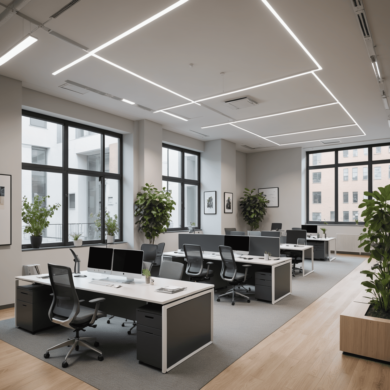 A modern, AI-integrated Italian office space with areas for collaboration, relaxation, and individual focus work, showcasing the blend of technology and human-centric design