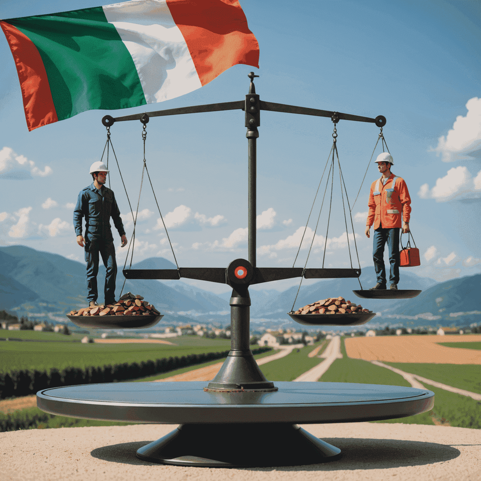 Illustration of a scale balancing AI technology and human workers, with Italian flag in background